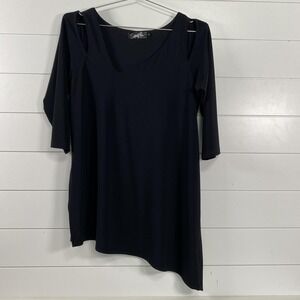 Sympli Tunic Top Womens 12 Black Asymmetrical Cutout 3/4 Sleeve Layered Travel